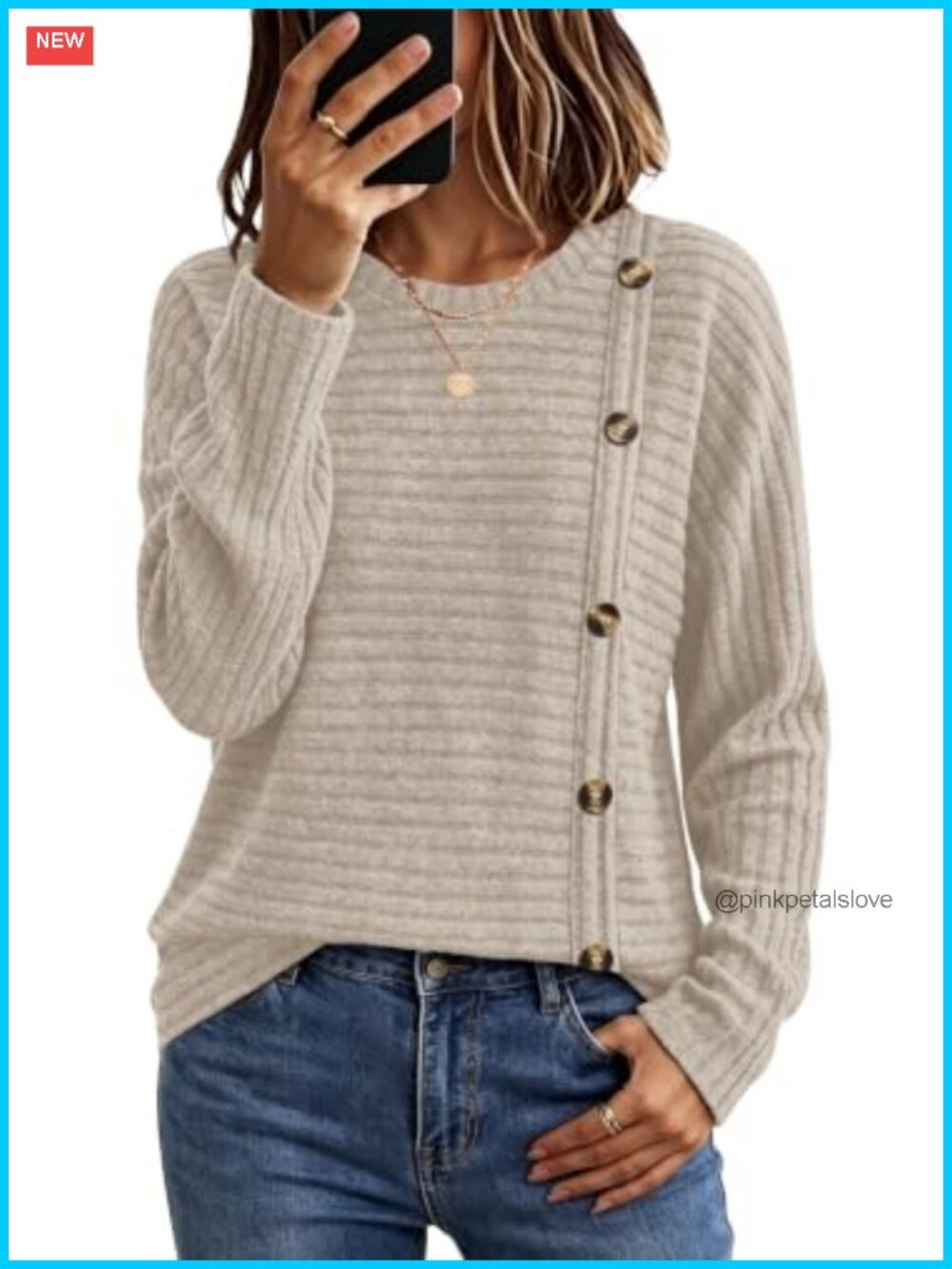 Womens WIHOLL Textured Tunic Top Long Sleeve Crew Neck Button Detail